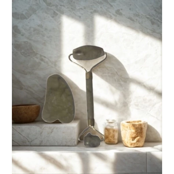 Massageador Facial Pedra de Jade + Placa Gua Sha